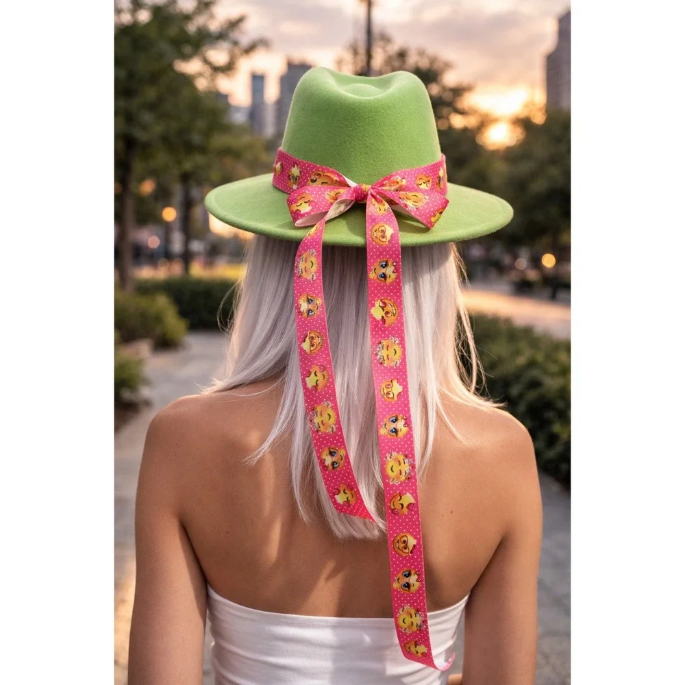 Fedora Hat Green Outside & Hot Pink‎ Inside with Pink Emoji Headband